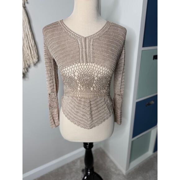 BCBG Y2K Women's Floral Crochet Tan Neutral Blouse Shirt Top Small *FLAWED* - Picture 1 of 8